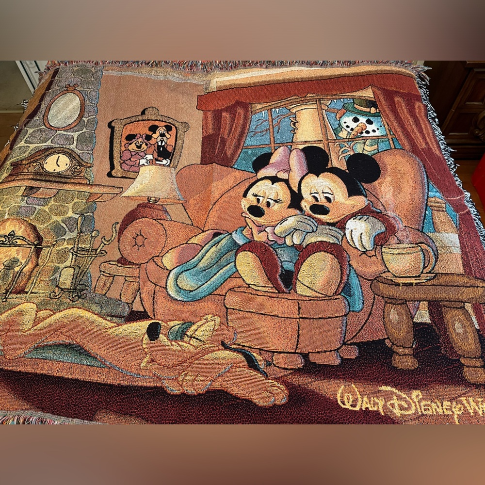 Disney World Woven Tapestry Throw Blanket 60 x 50 Mickey Minnie Pluto Fireplace